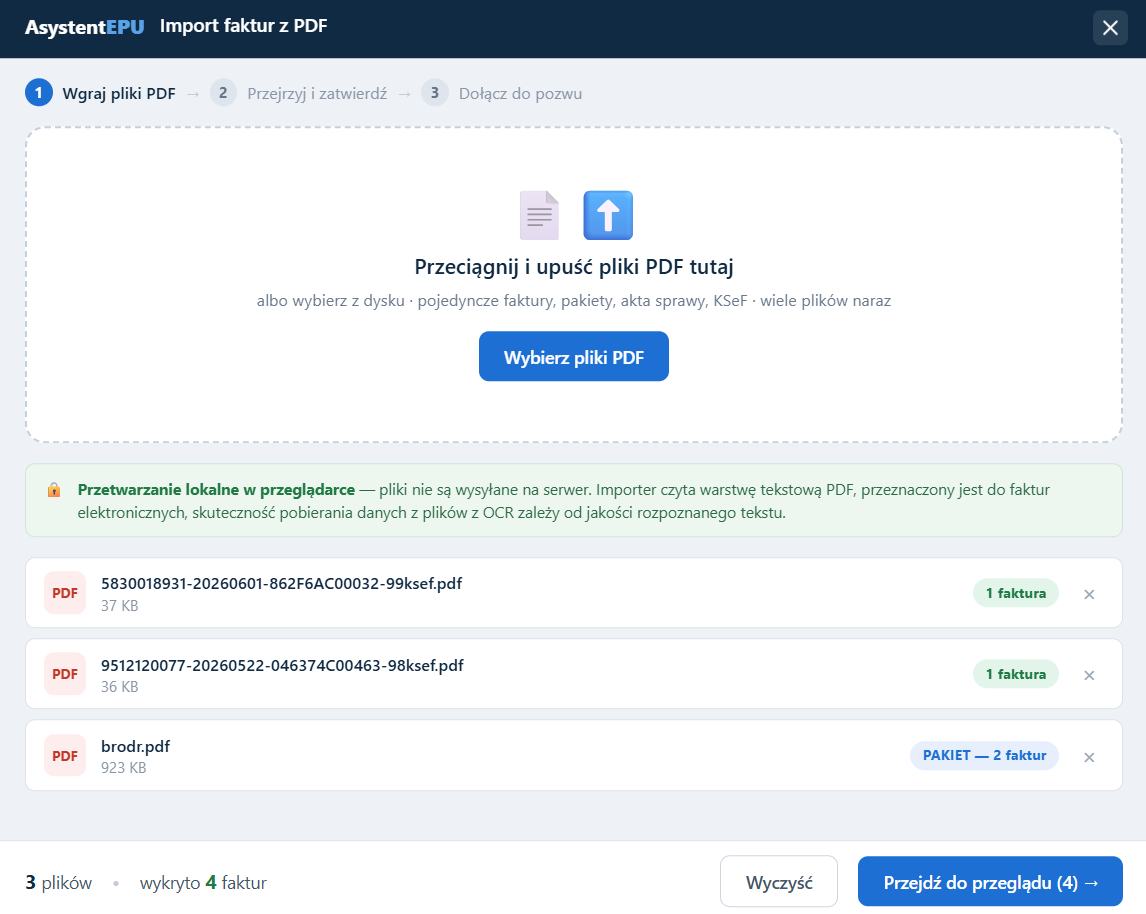 Importer faktur PDF w Asystencie EPU z lokalnym przetwarzaniem plików i przejściem do przeglądu