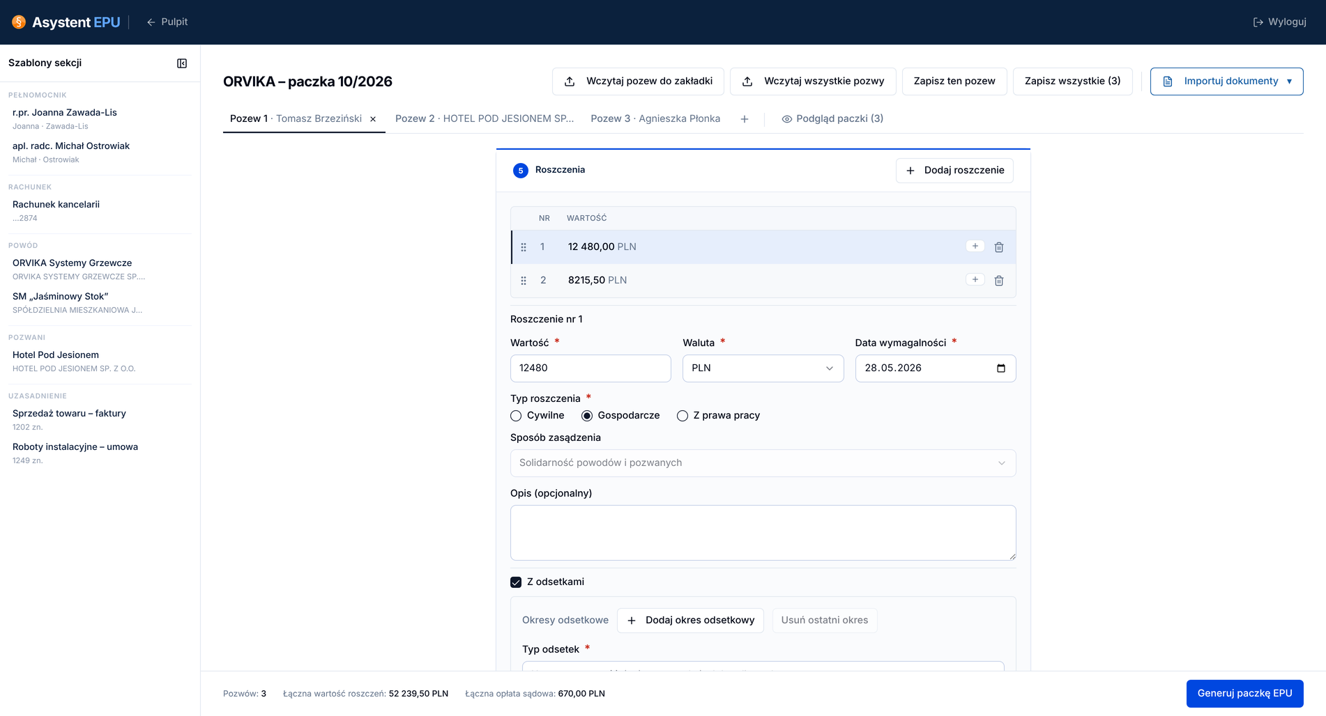 Ekran Asystenta EPU z zakładkami pozwów, importem dokumentów i formularzem roszczeń