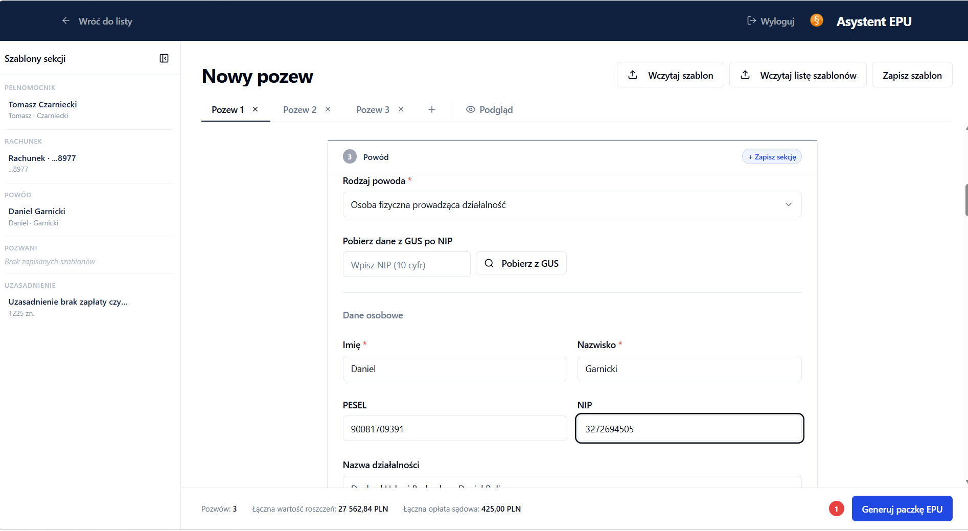Ekran aplikacji Asystent EPU — przygotowanie pozwu z szablonem pełnomocnika i automatycznym pobieraniem danych z GUS